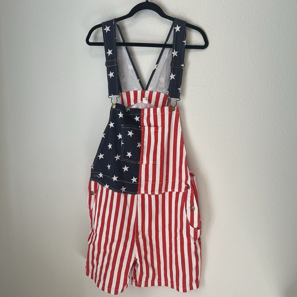 Womens Large Flag America Short Overalls USA Party Patriotic Casual